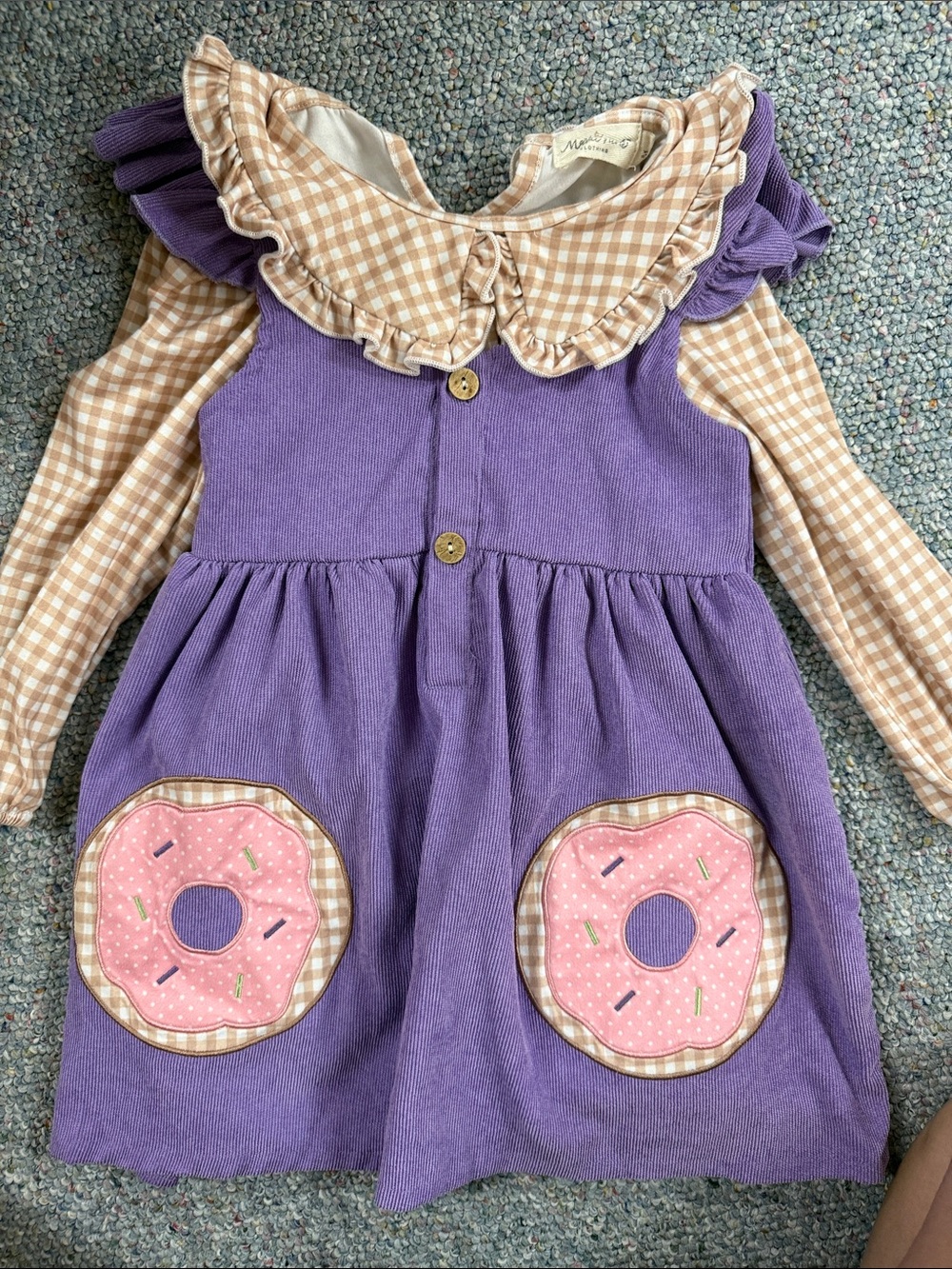 Kids Purple Corduroy Dress, Beige Gingham Collar and Donut Pockets size medium